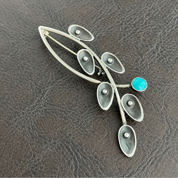 Vintage Maricela Taxco Mexico sterling silver turquoise brooch pin - Picture 5 of 9